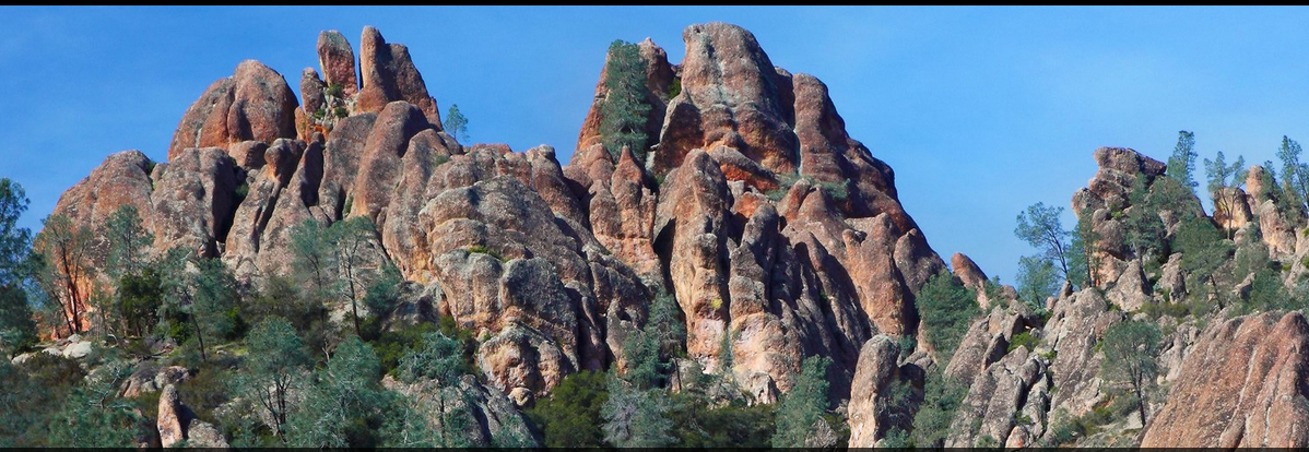 A panoramic image of rocky spires reaching above trees.